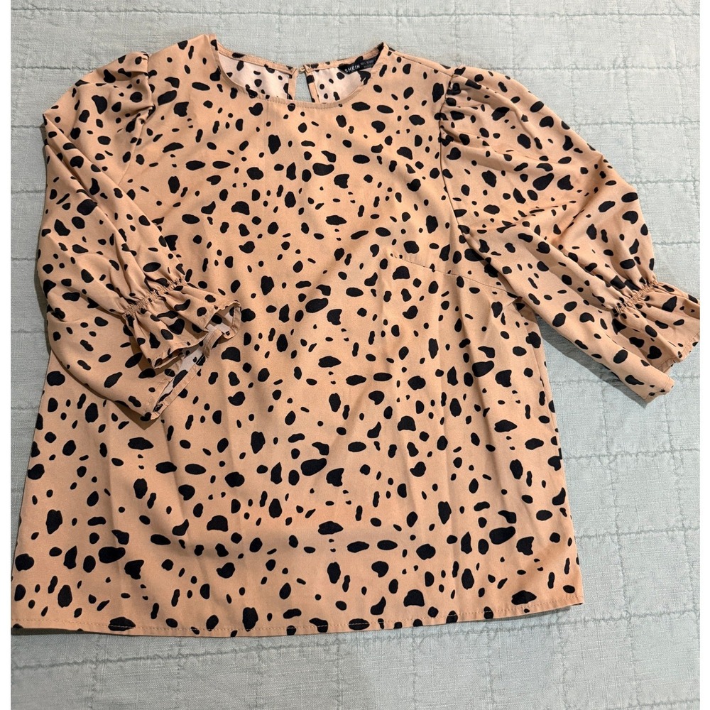 Blouse Women Large Tan Excellent Dalmatian Print Puff Sleeve Keyhole Top